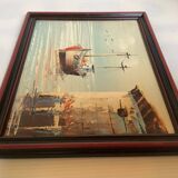 Small marine painting of a boat in oil on panel.