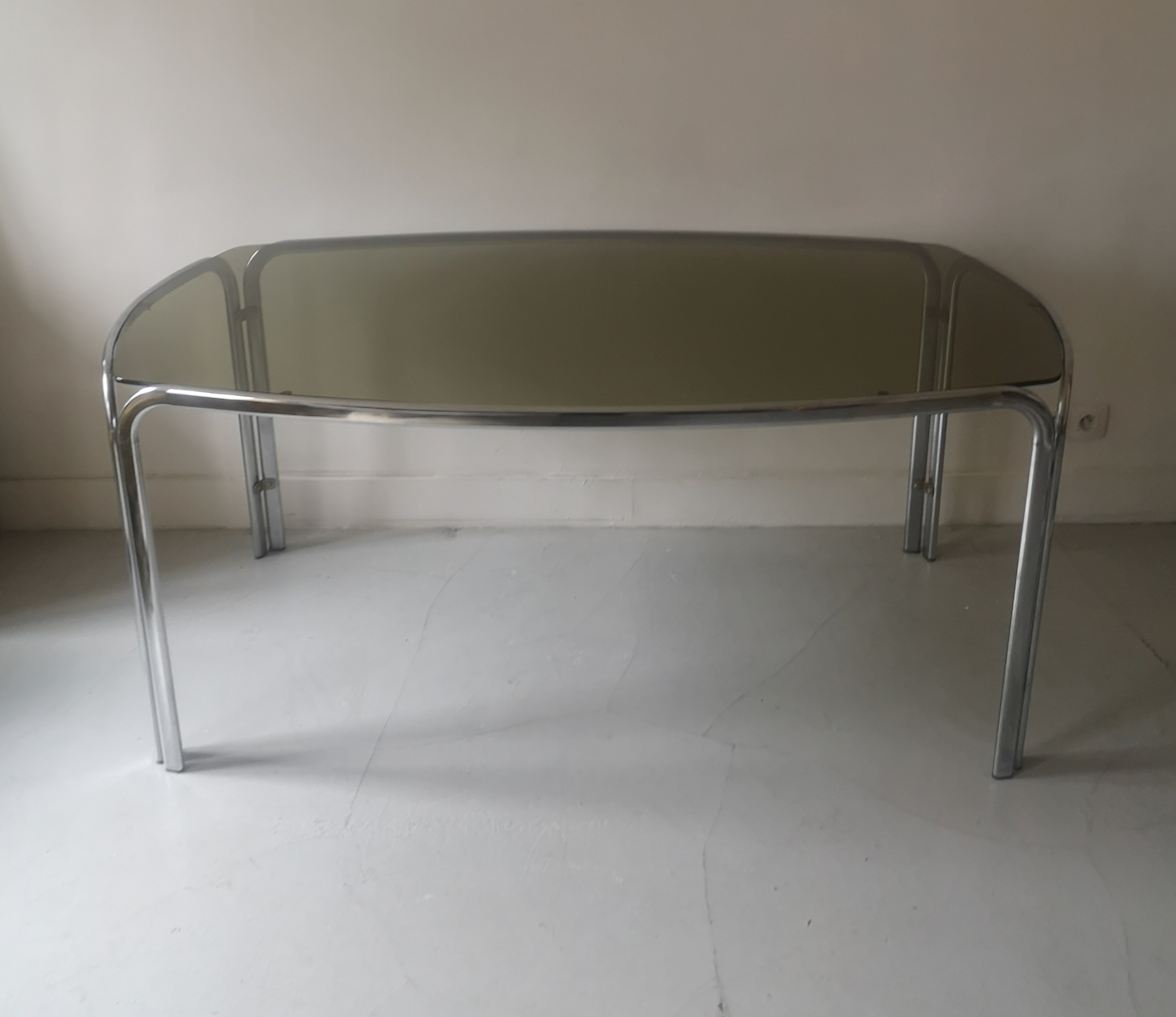 Dining table in chrome smoked glass, design 1970