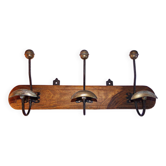 Vintage - Coat rack with 3 hooks in wood and aged brass