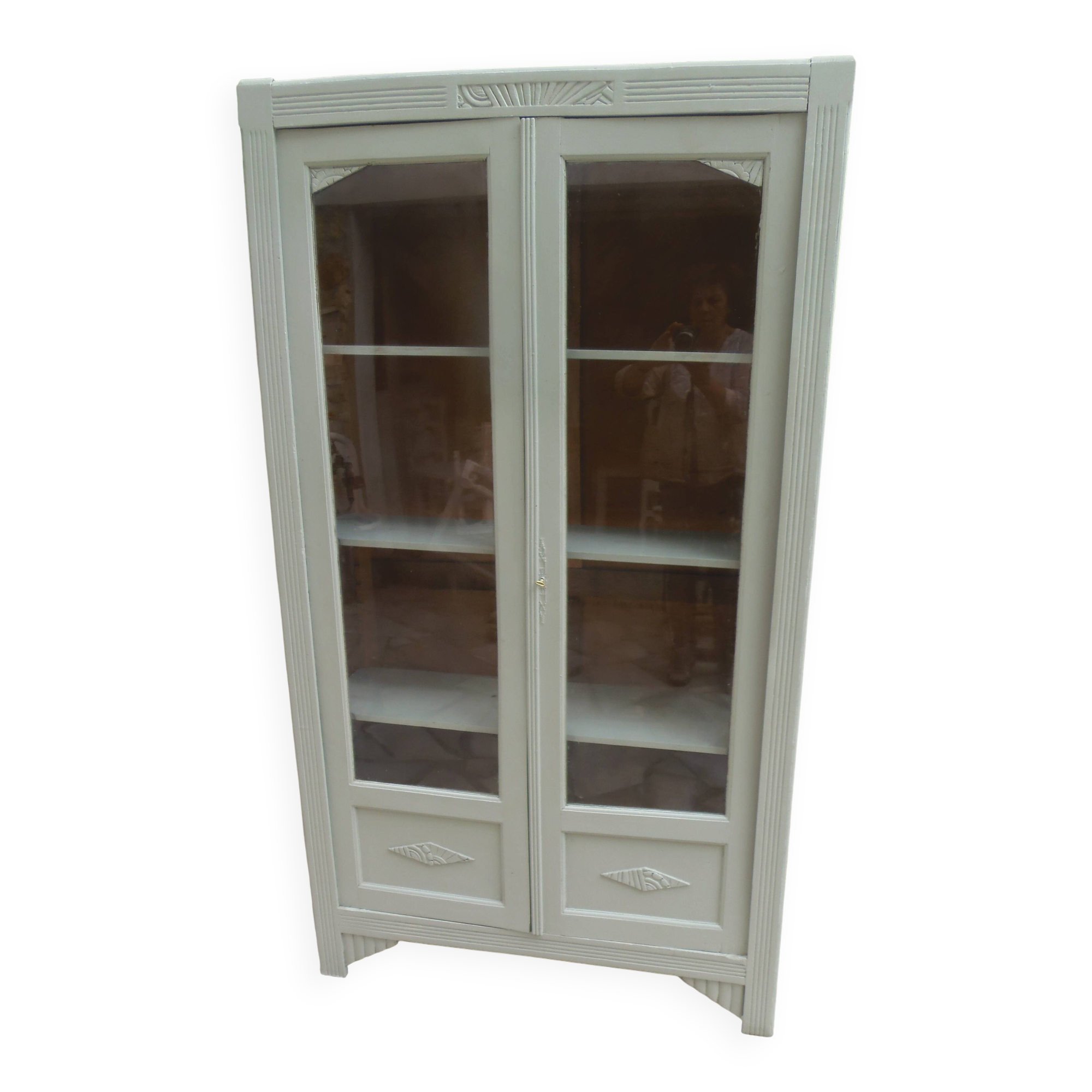 Renovated Art Deco display cabinet in grey-green.
