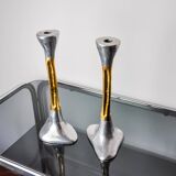 Pair of Brutalist candlesticks by David Marshall, bronze and aluminum, Spain, 1970