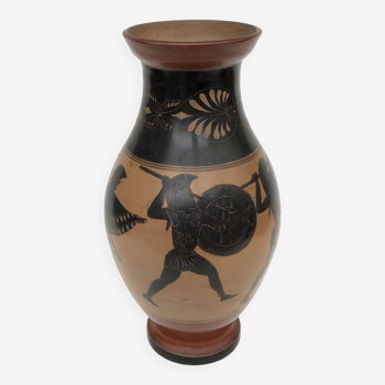 Reproduction d'un vase grec à figures noires, style antique à sujet de guerriers