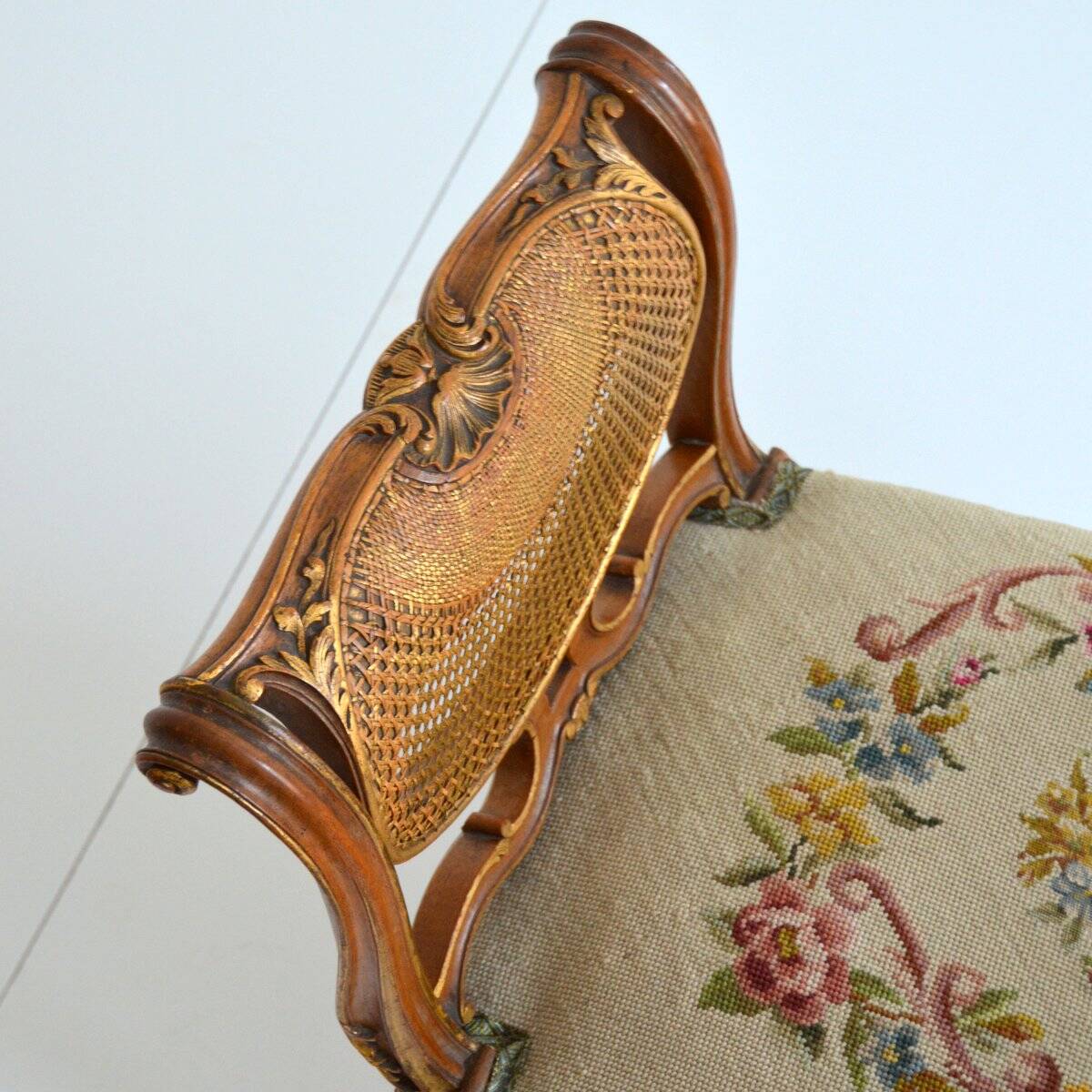 Stool / small bench in canvas, canework and wood late 19th century
