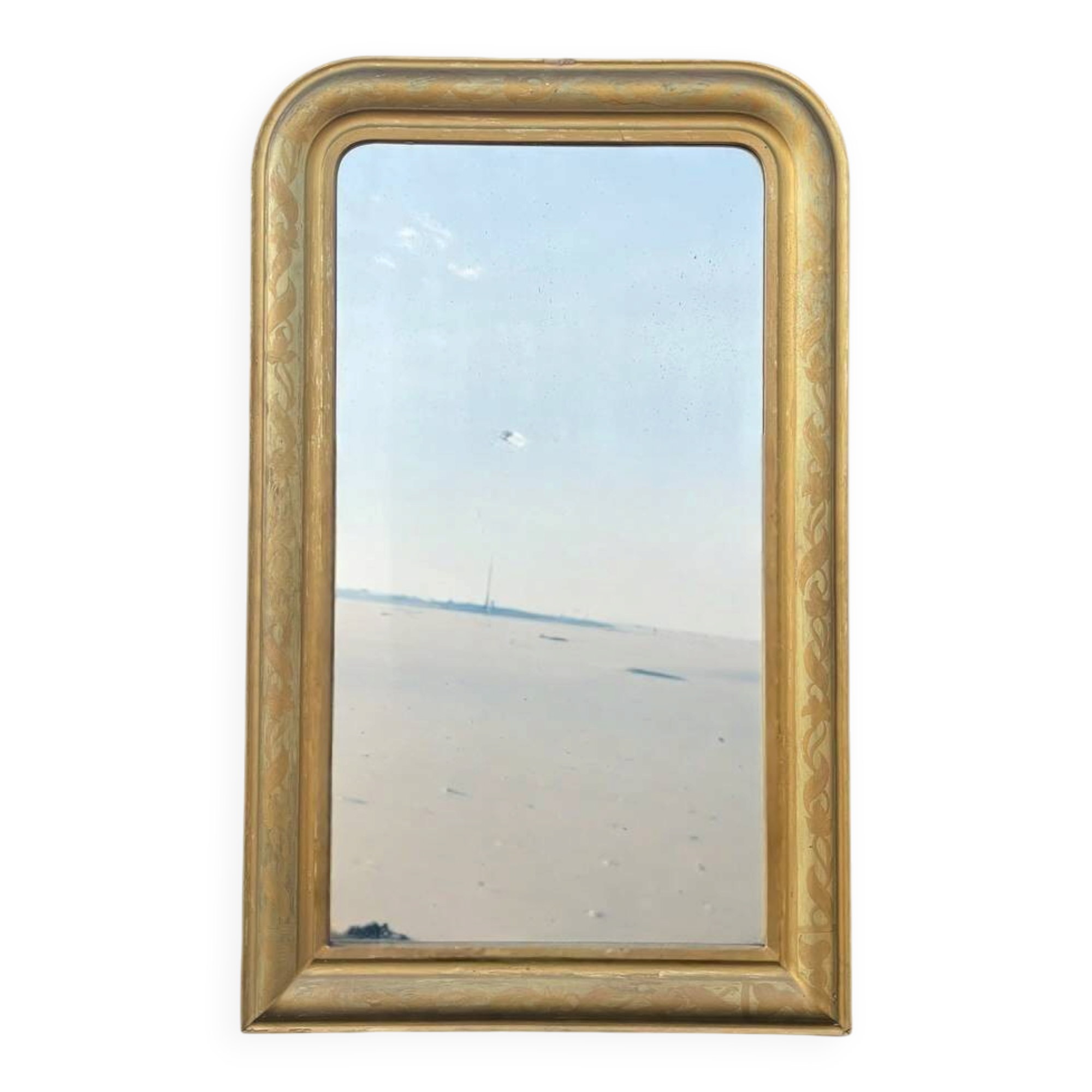 Grand miroir ancien français doré à décor floral peint
