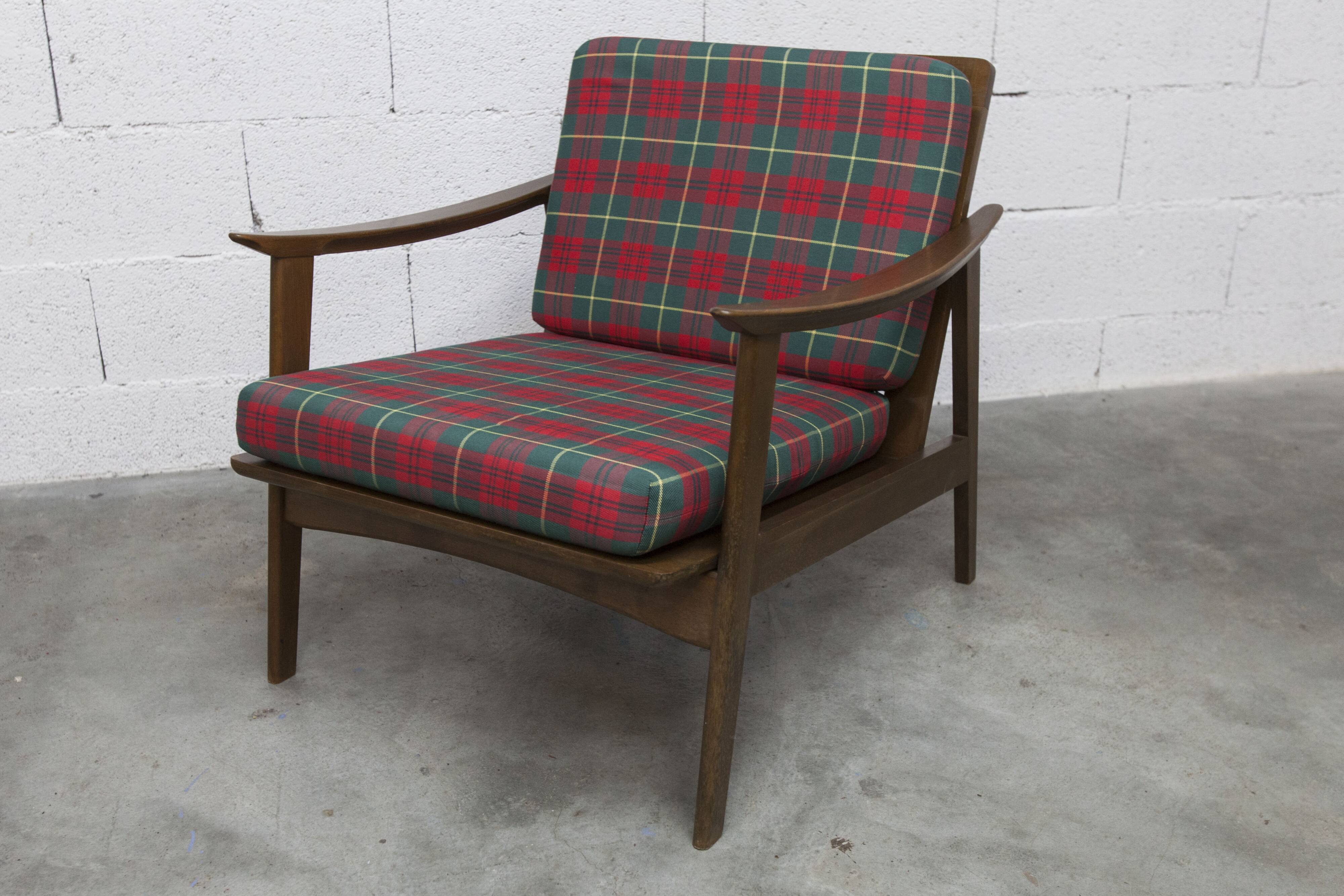 Scandinavian teak armchair, 1960s, demountable, with tartan fabric
