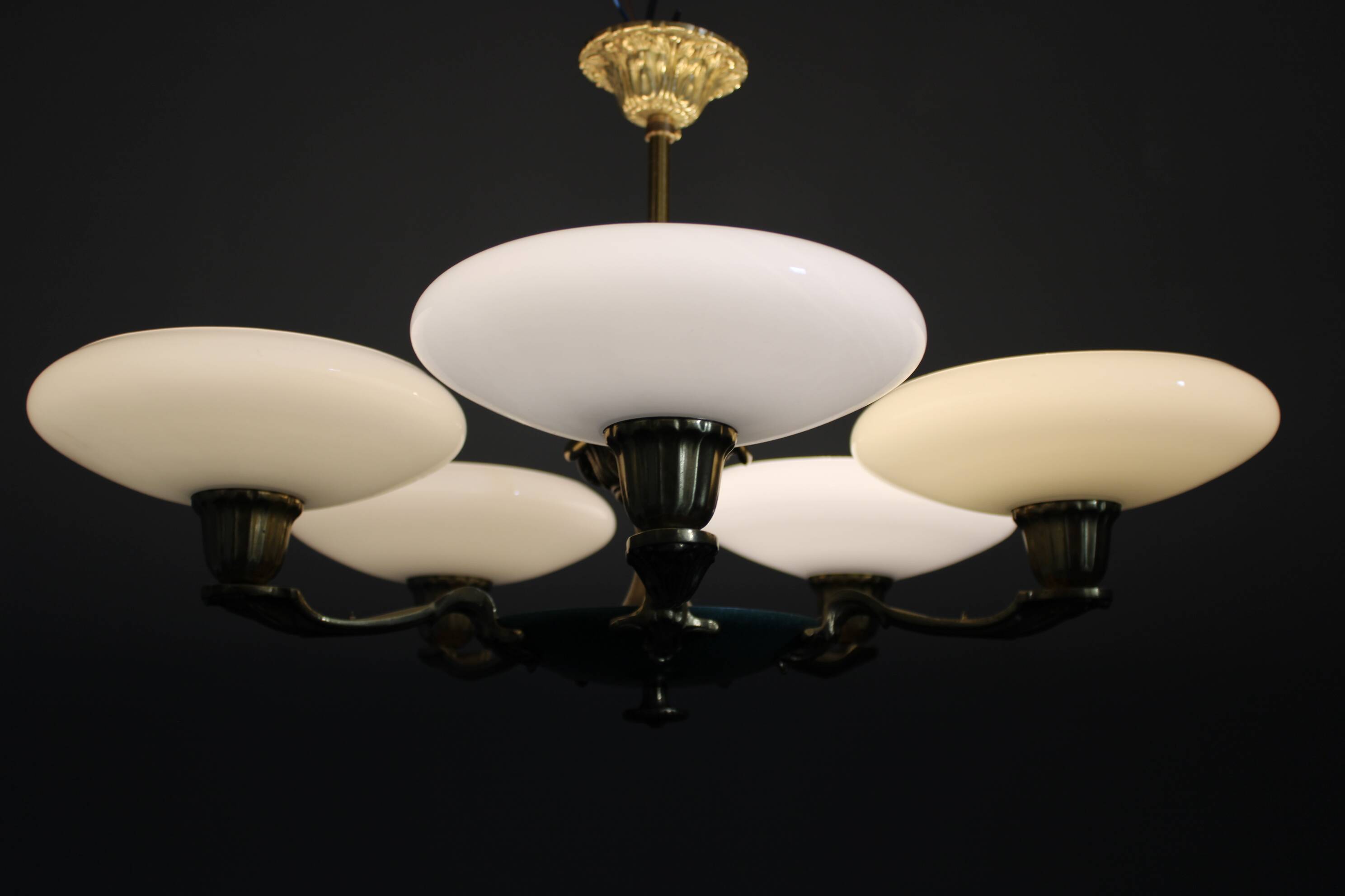 Art Deco six-light chandelier in chrome, brass and opaline glass