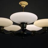 Art Deco six-light chandelier in chrome, brass and opaline glass