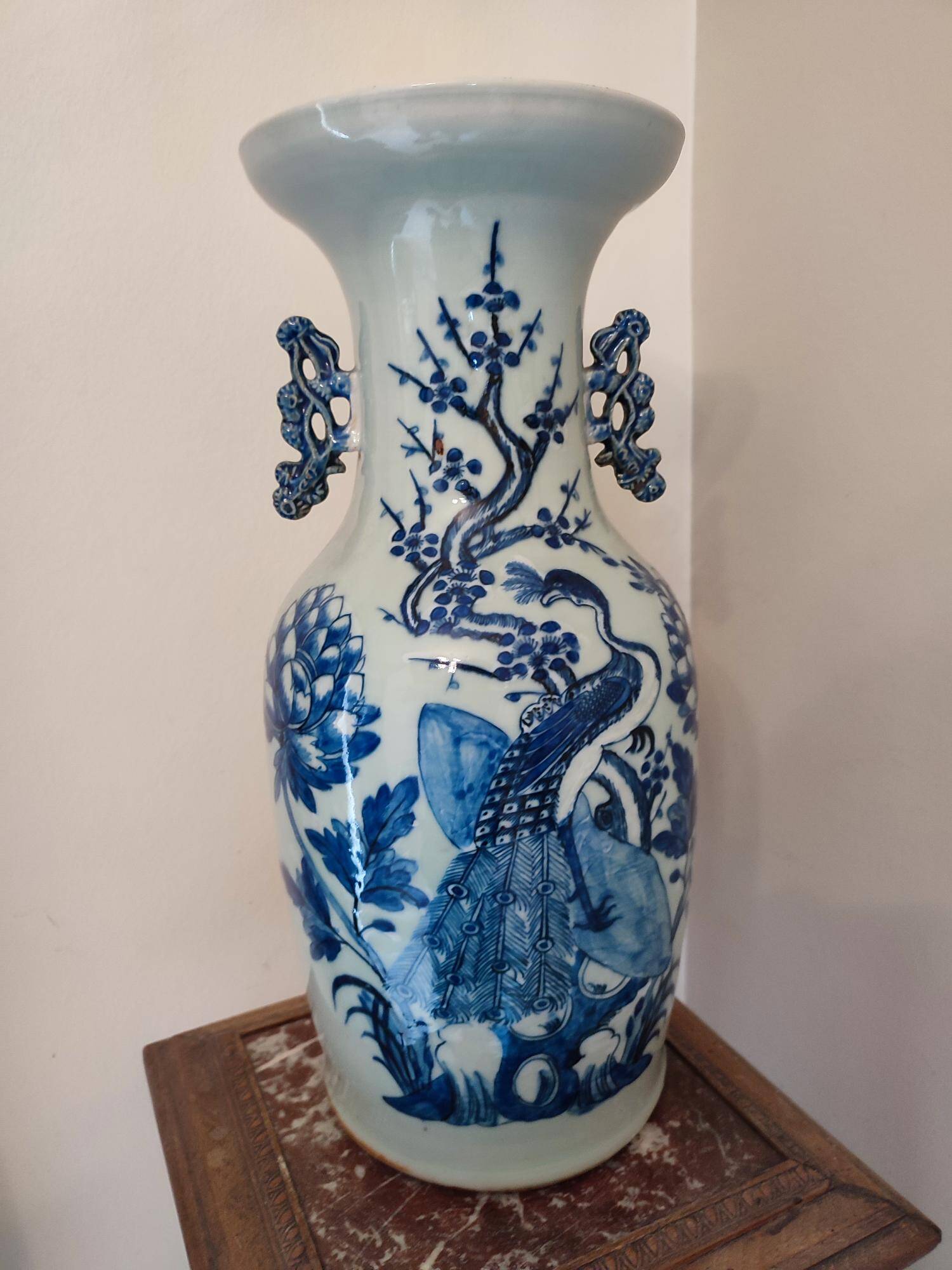 Large Chinese celadon-colored vase with animal and floral decoration, late 19th-early 20th century