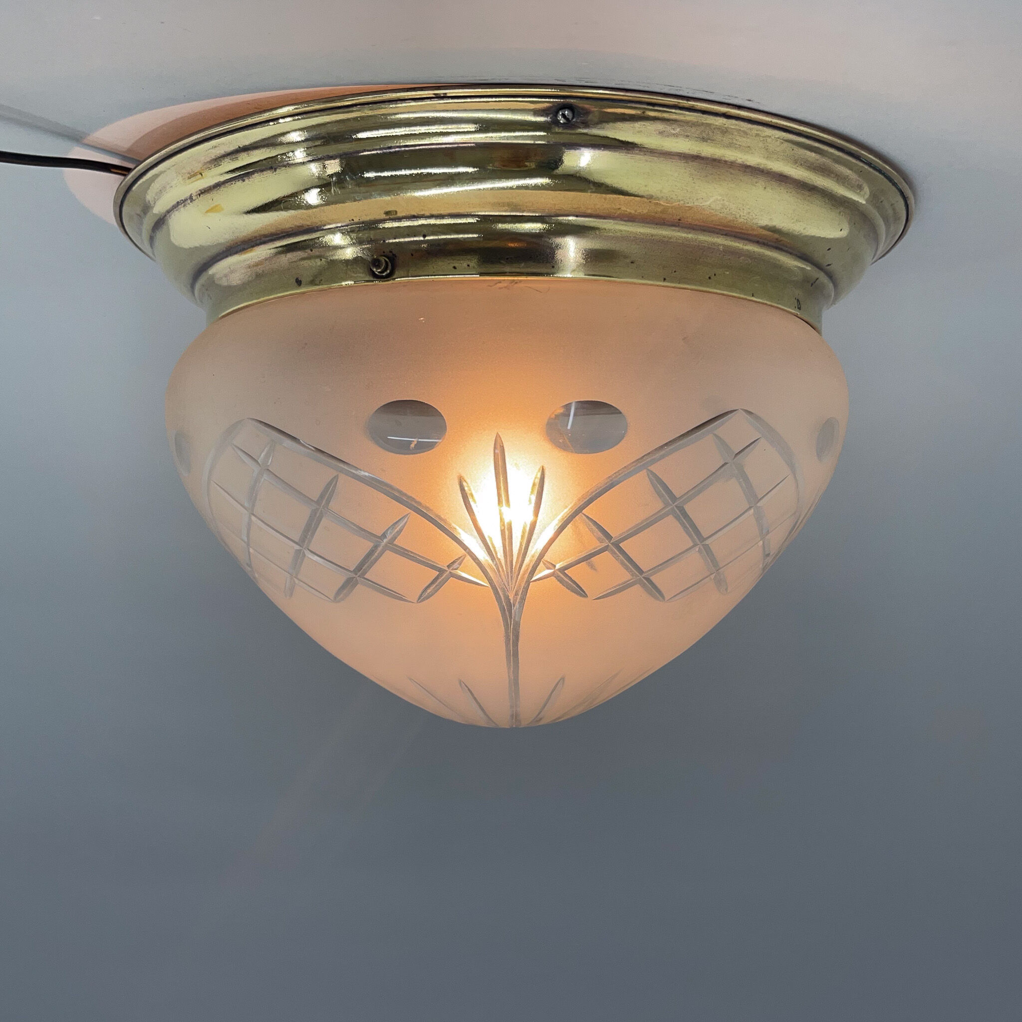 Art deco brass & cut glass flush mount, czechoslovakia