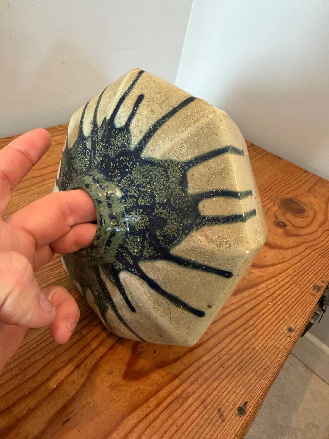Scandinavian studio vase in flamed stoneware with drip decorations.