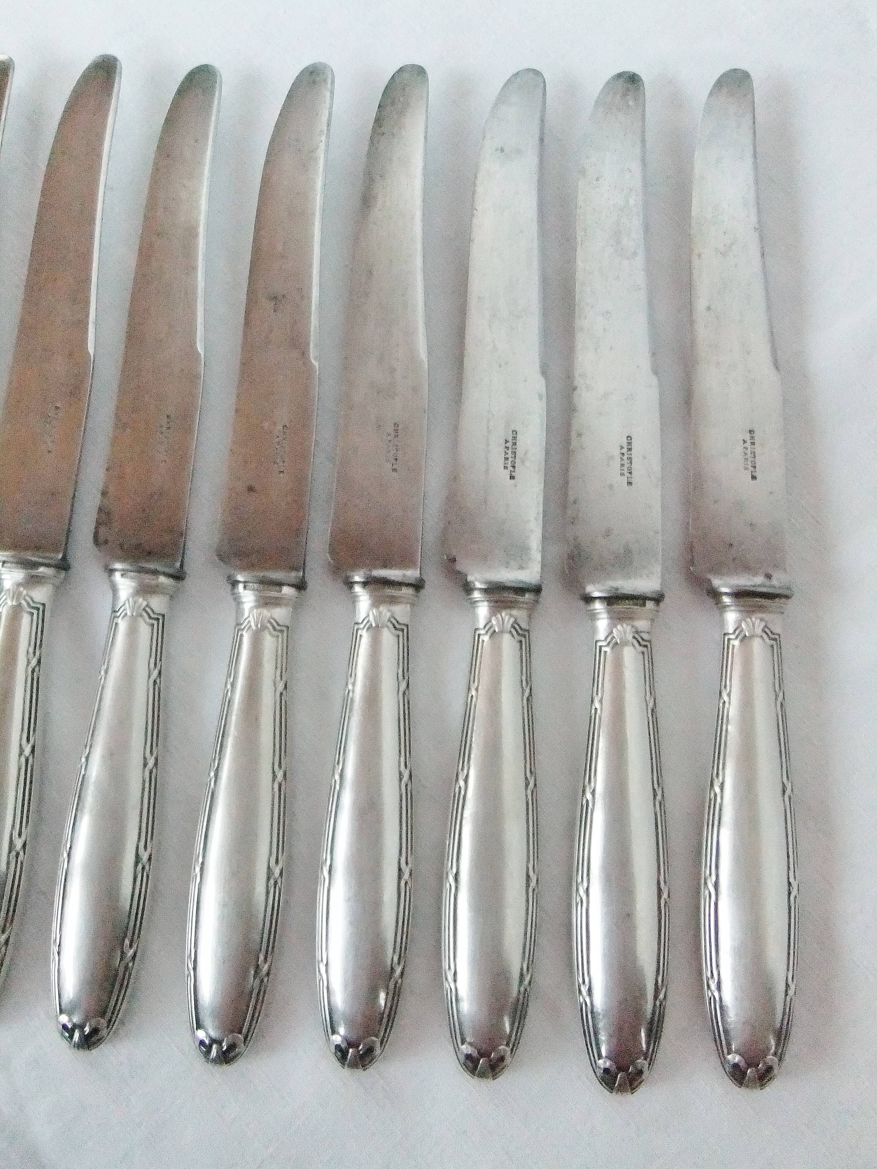 12 Christofle table knives Louis XVI bow ribbon Silver metal punch balance steel blade
