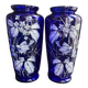 Pair of numbered white enamelled cobalt blue blown glass vases