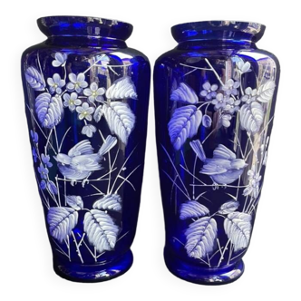 Pair of numbered white enamelled cobalt blue blown glass vases