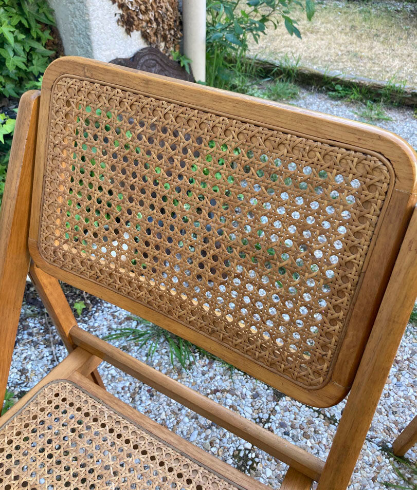 Lot de 3 chaises pliantes en bois et cannage