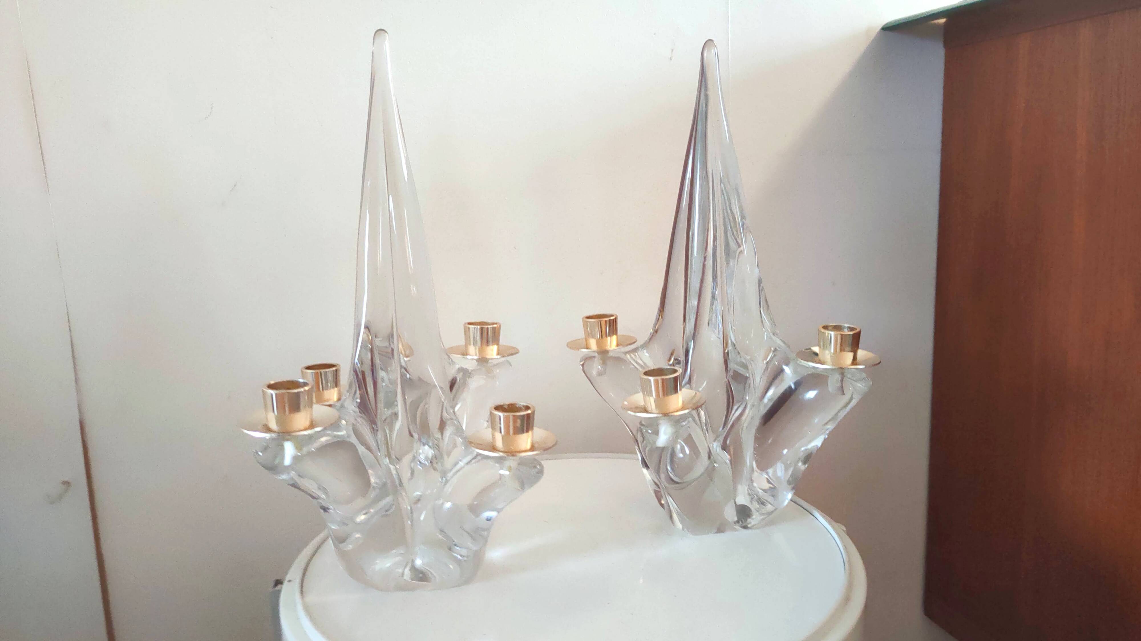 Pair of vintage Schneider crystal and brass candlesticks