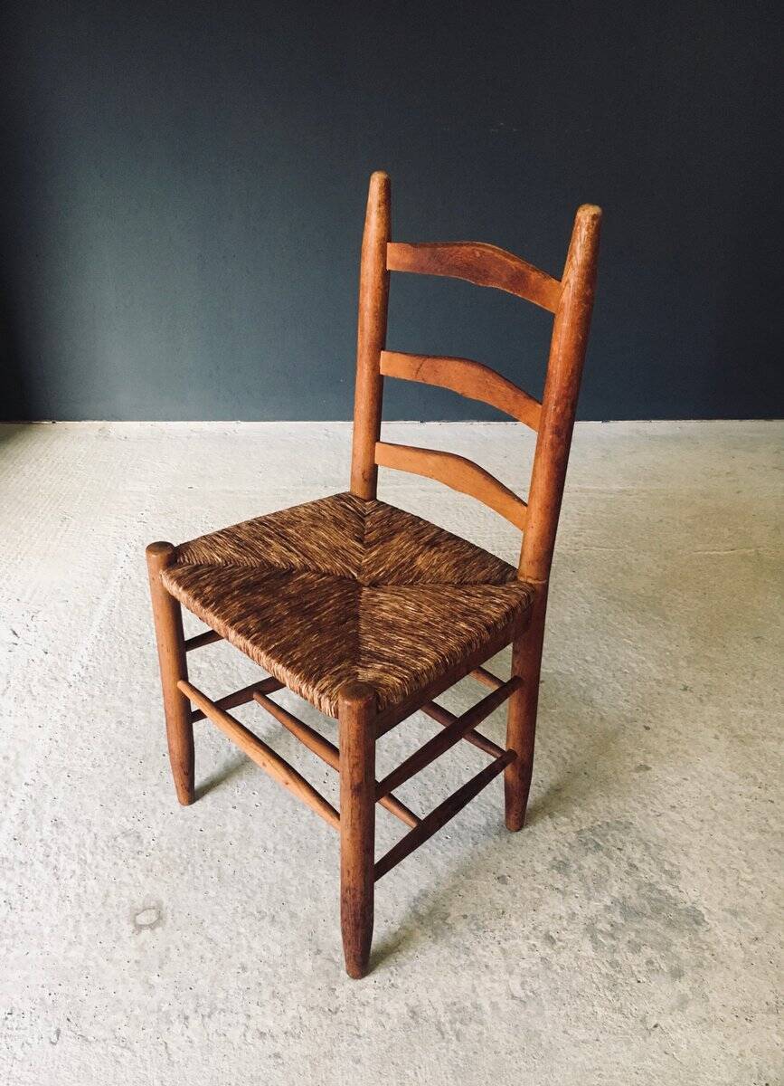Low rustic ladder back dining chairs in oak and rush, Belgium, 1950s, set of 6.