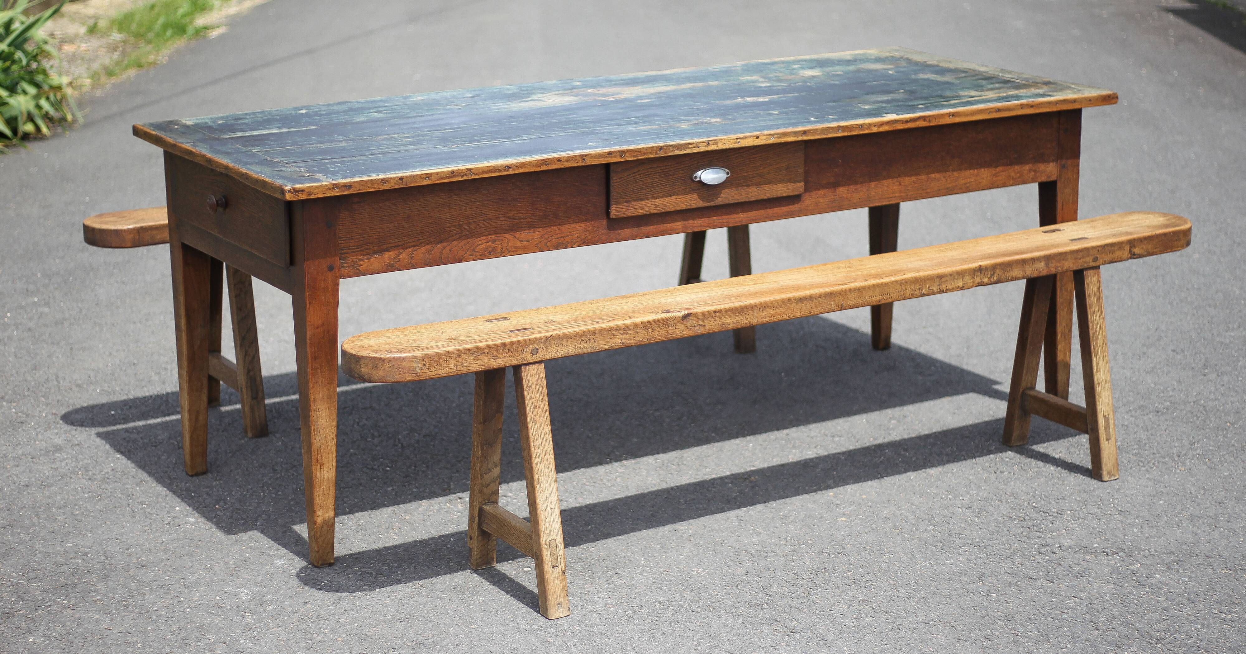 Farmhouse table and its 2 benches, living room table, wooden table with pair of wooden benches