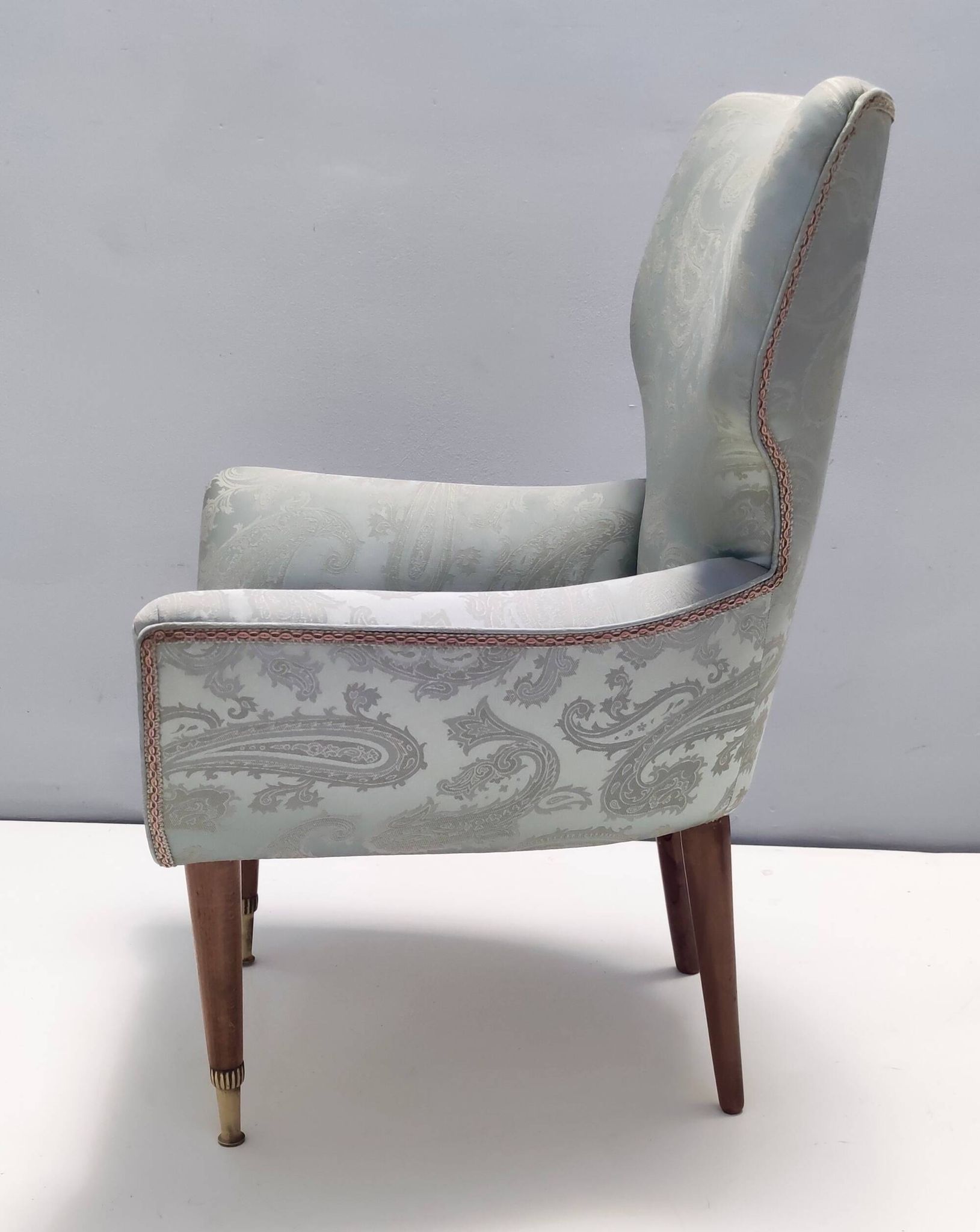 Pair of Grey Satin Lounge Chairs with Walnut Frame and Brass Feet Caps