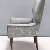 Pair of Grey Satin Lounge Chairs with Walnut Frame and Brass Feet Caps