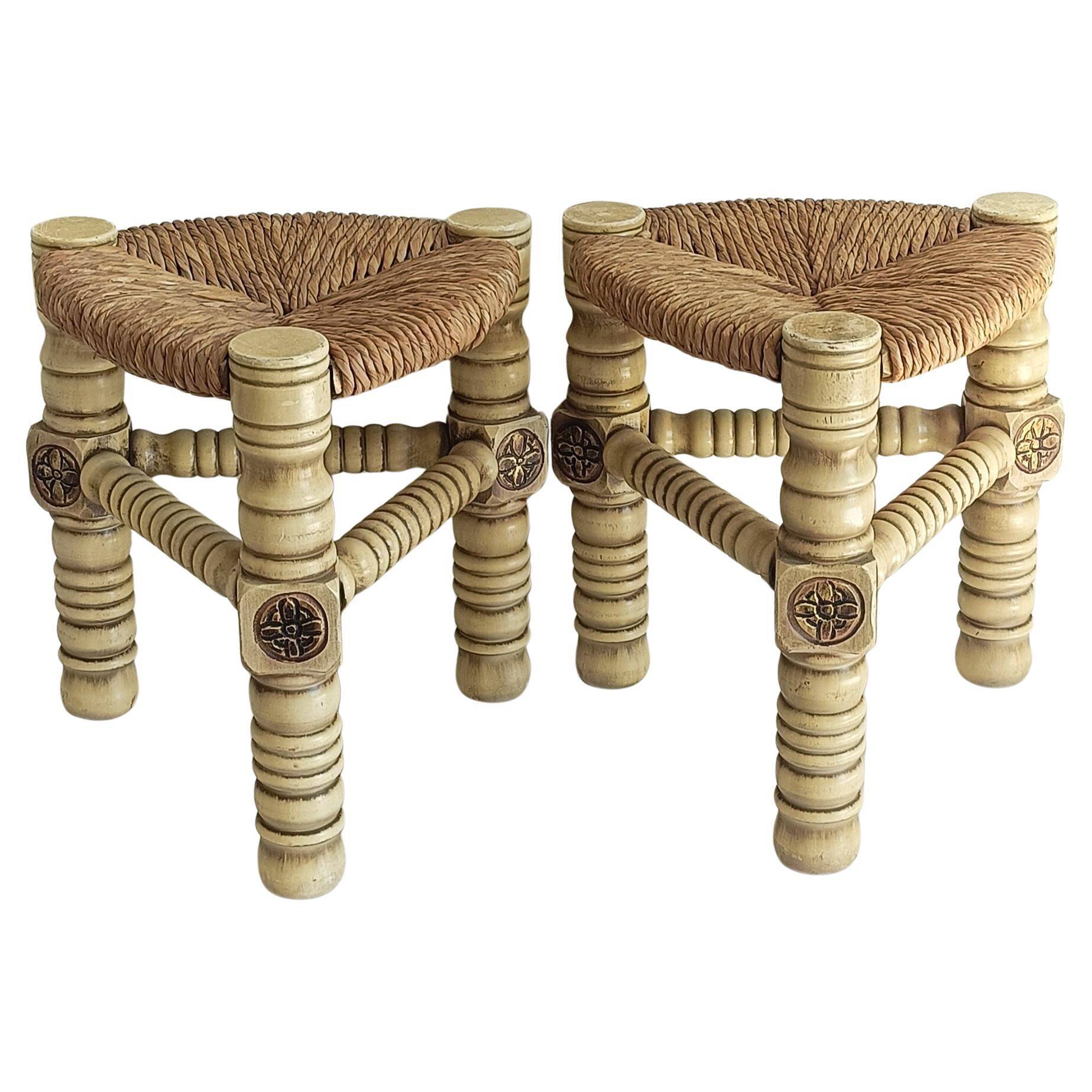 Brutalist Hand-Carved Wood and Fiber Stools, Belgium, Circa 1960s
