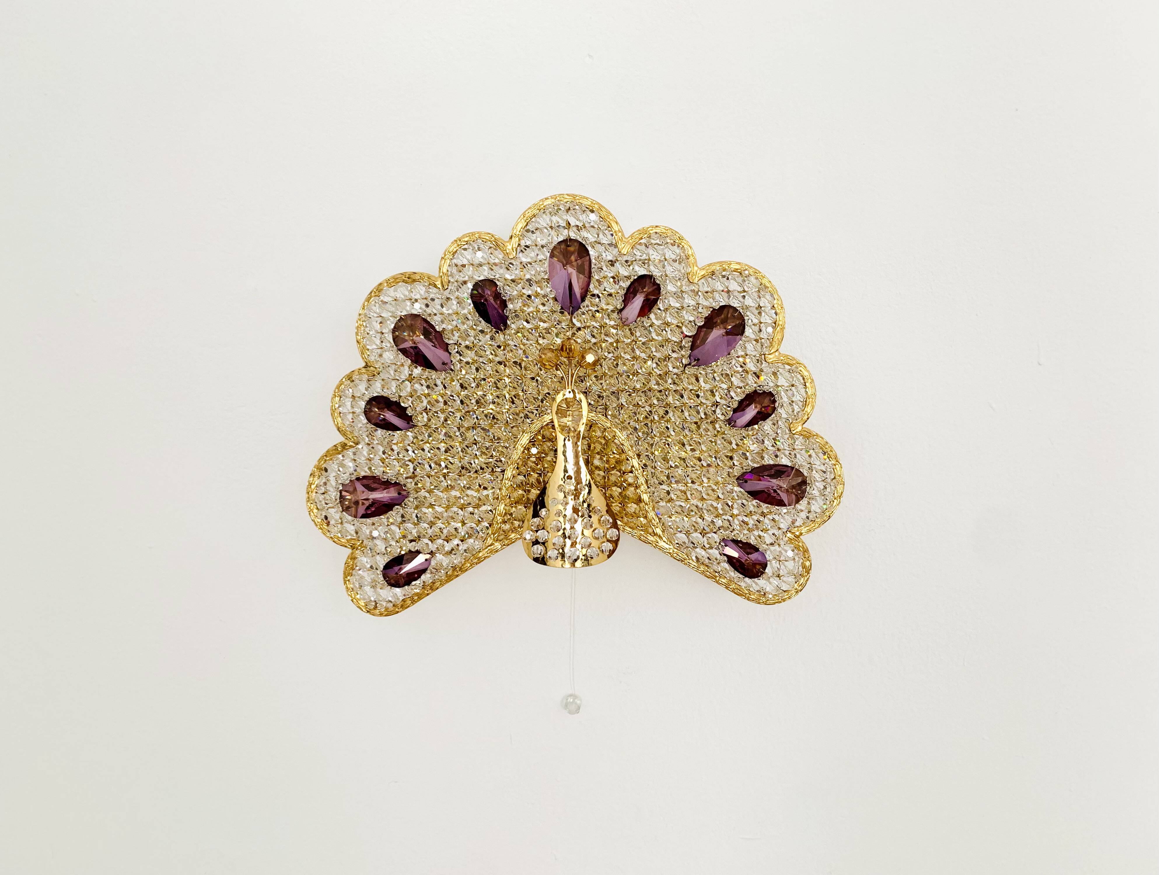 Ensemble de 2 appliques murales en verre cristal en forme de paon de Palwa