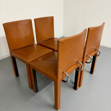 4 camel leather chairs, postmodern design by Paolo Piva for B&B Italia Arcadia.