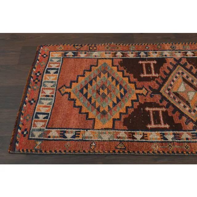 1970s Vintage Turkish Handmade Wool & Cotton Orange Runner Rug 80x356