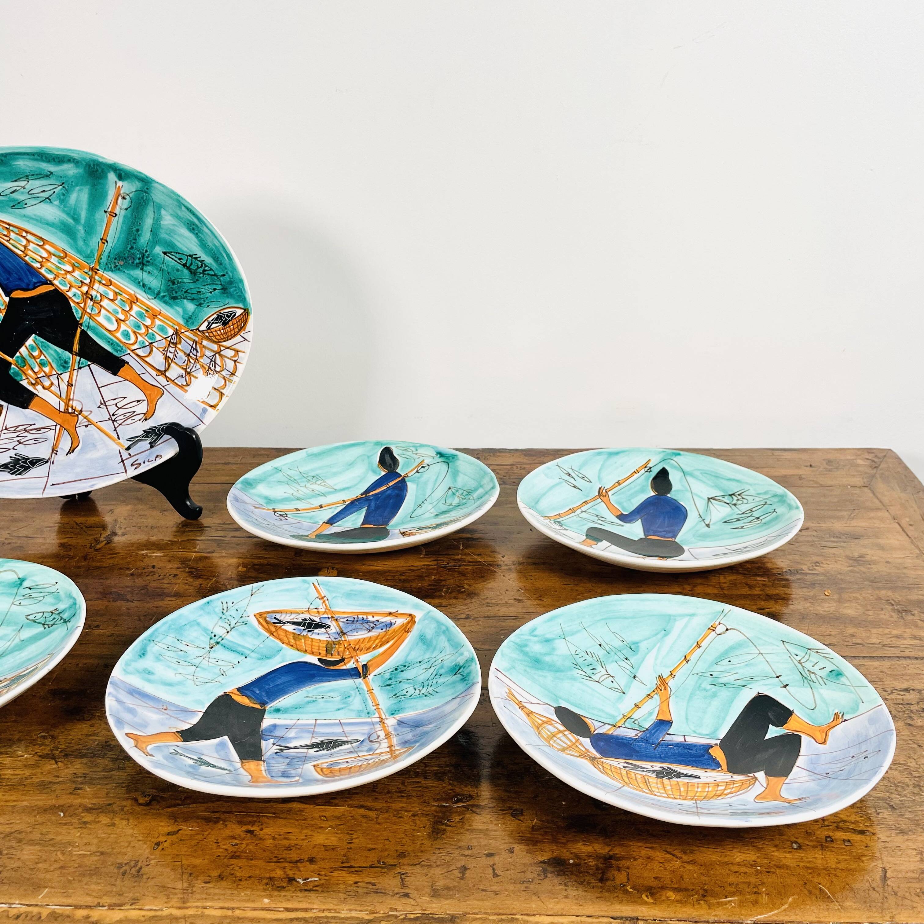 Magnificent set of 5 plates and 1 dish by Cesare Sartori for Sica.