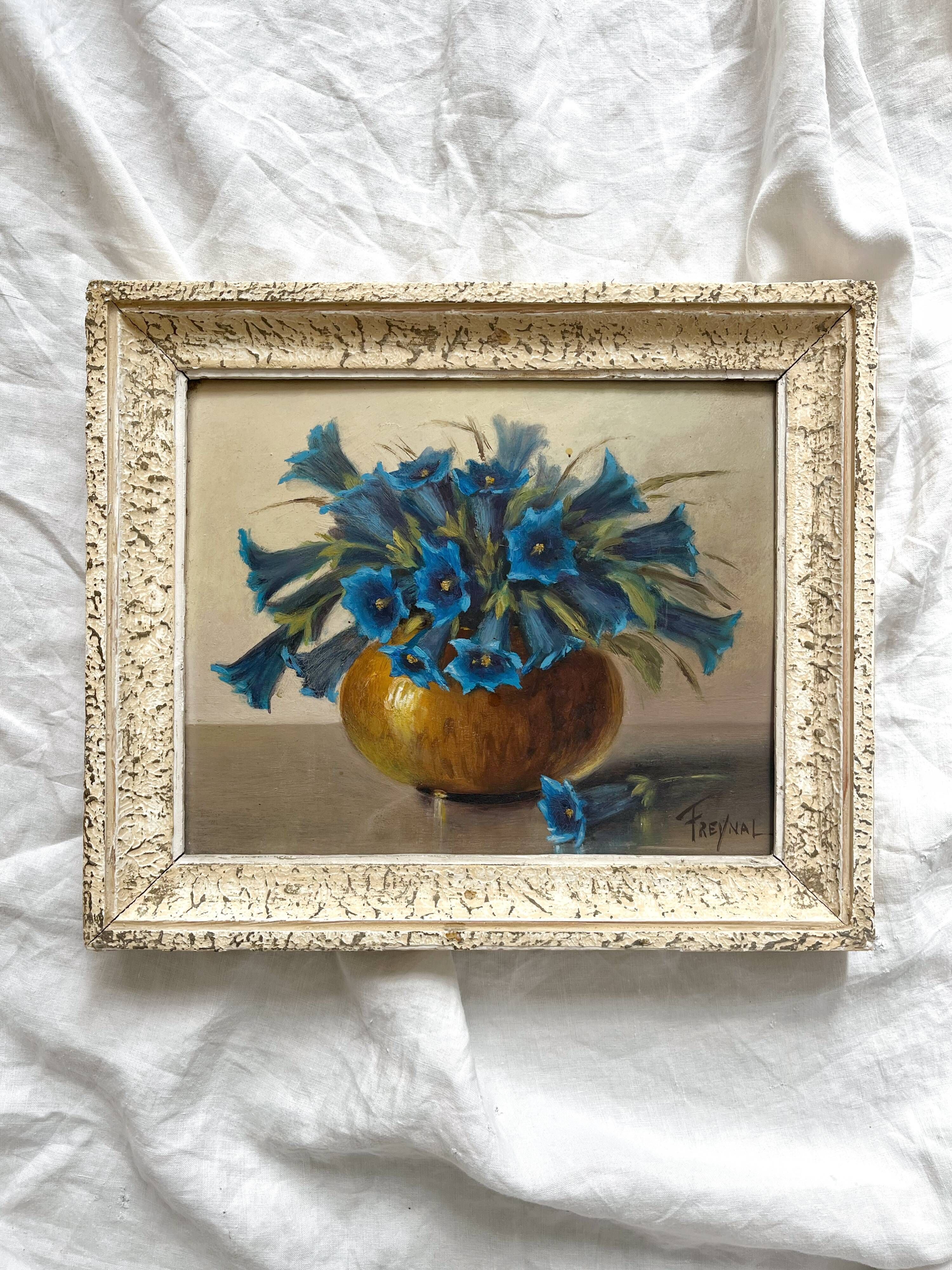 Old painting framed painting bouquet of blue flowers signed Freynal