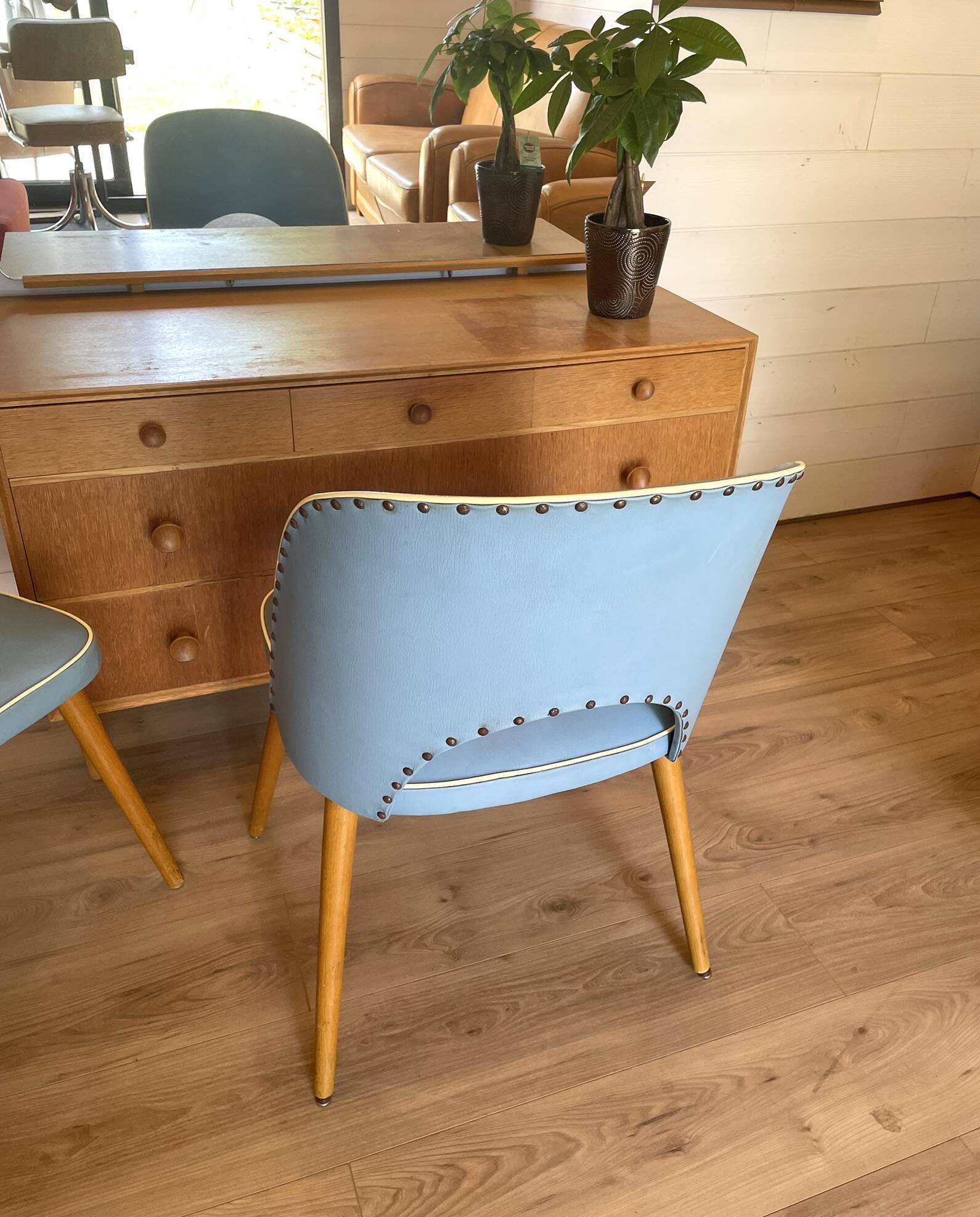 Vintage 1950s Chair Pair – Blue Faux Leather & Compass Legs (Guaric Style)