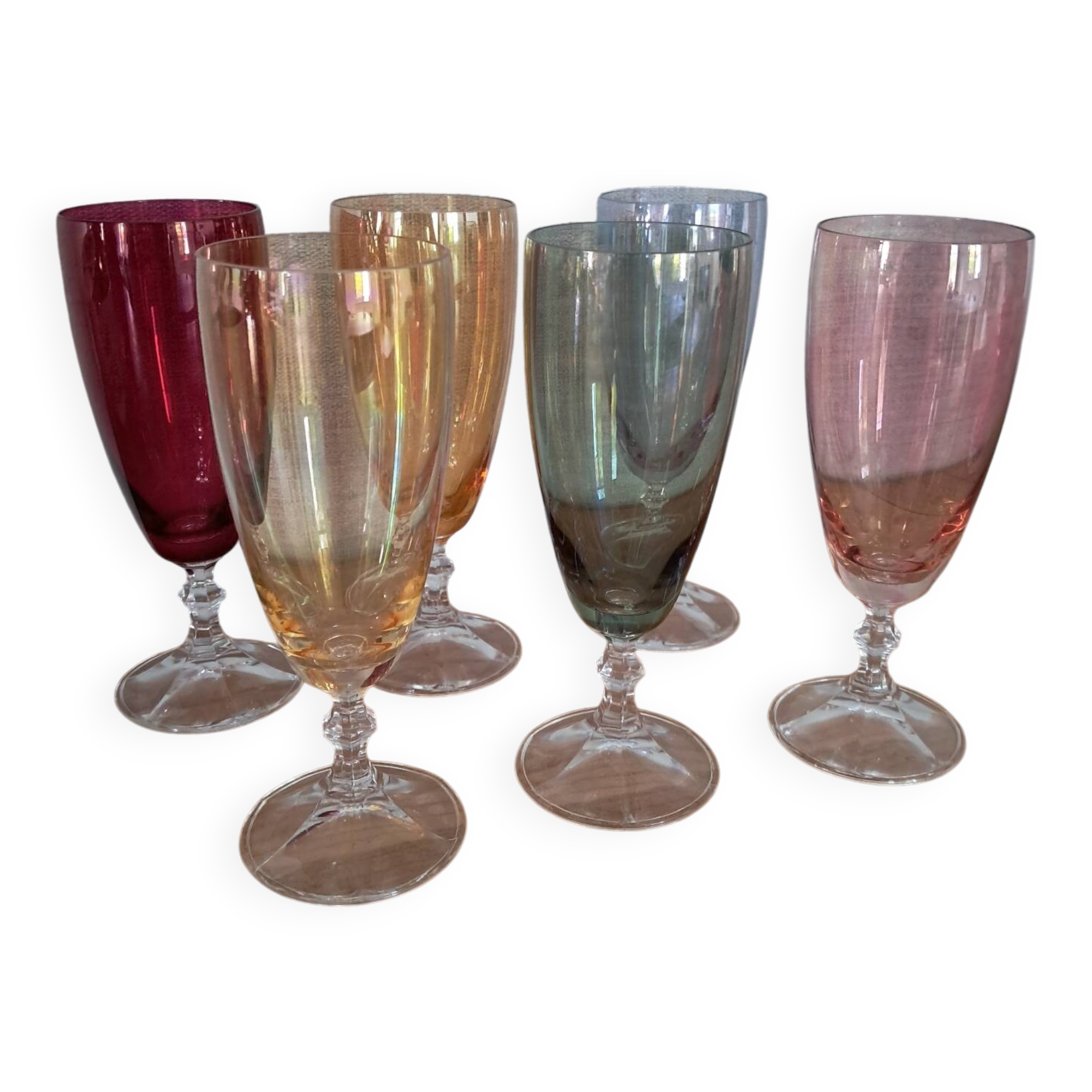 6 coloured crystal champagne flutes