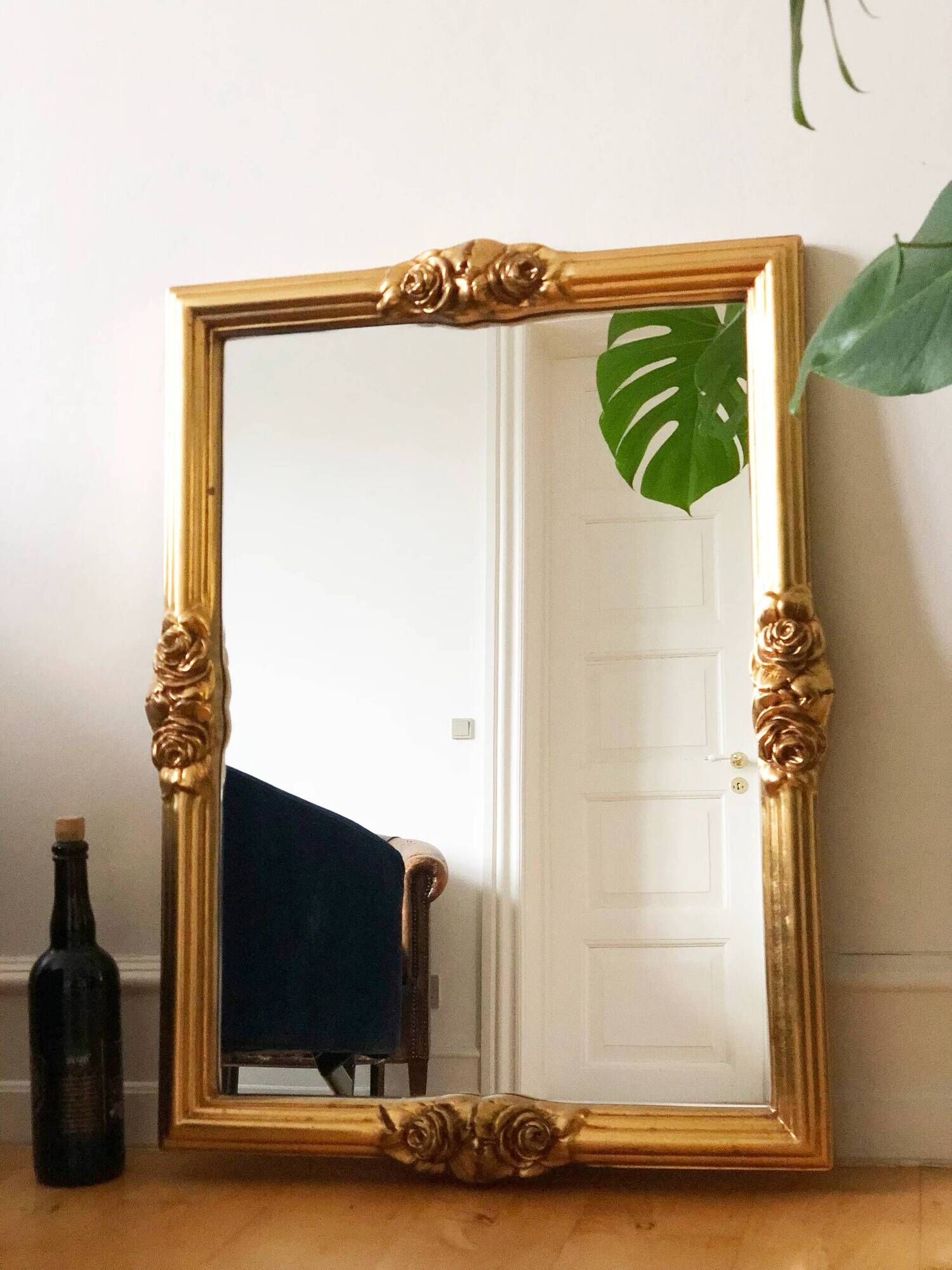 Vintage rectangular giltwood bevelled mirror with rose accents