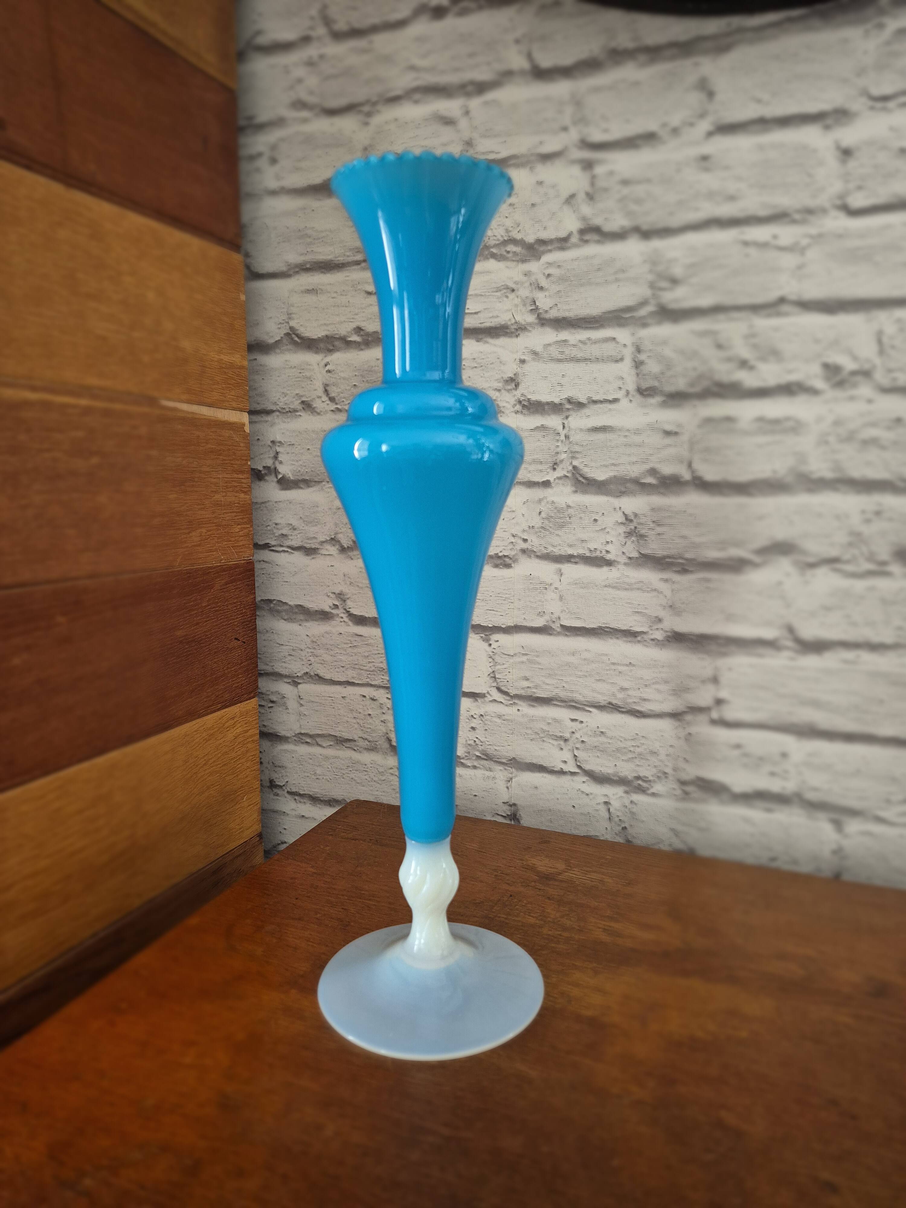 Large vintage blue and white opaline vase