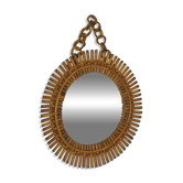 Miroir mural vintage en bambou à motif soleil / Décoration bohème milieu du siècle, années 1970