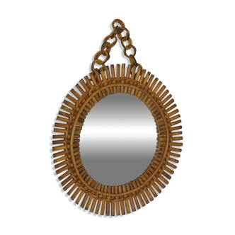 Vintage Bamboo Sunburst Wall Mirror / Mid Century Boho Decor 1970's