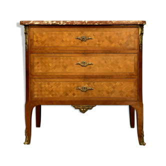 Chest of drawers of Dame Louis XV in precious wood marquetry around 1850-1880