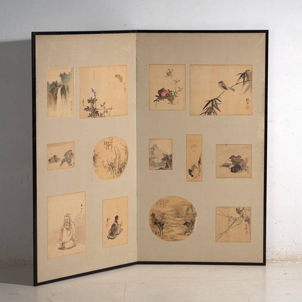 Antique Japanese folding screen with two panels featuring paintings – Japan, circa 1900