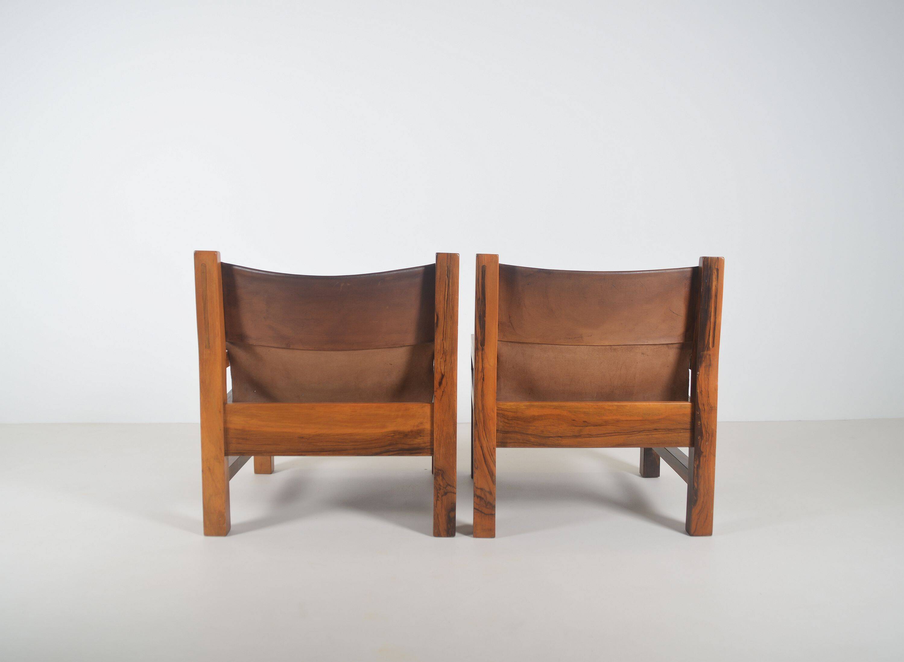 Set of French armchairs in olive wood with saddle leather, 1970s