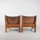 Set of French armchairs in olive wood with saddle leather, 1970s