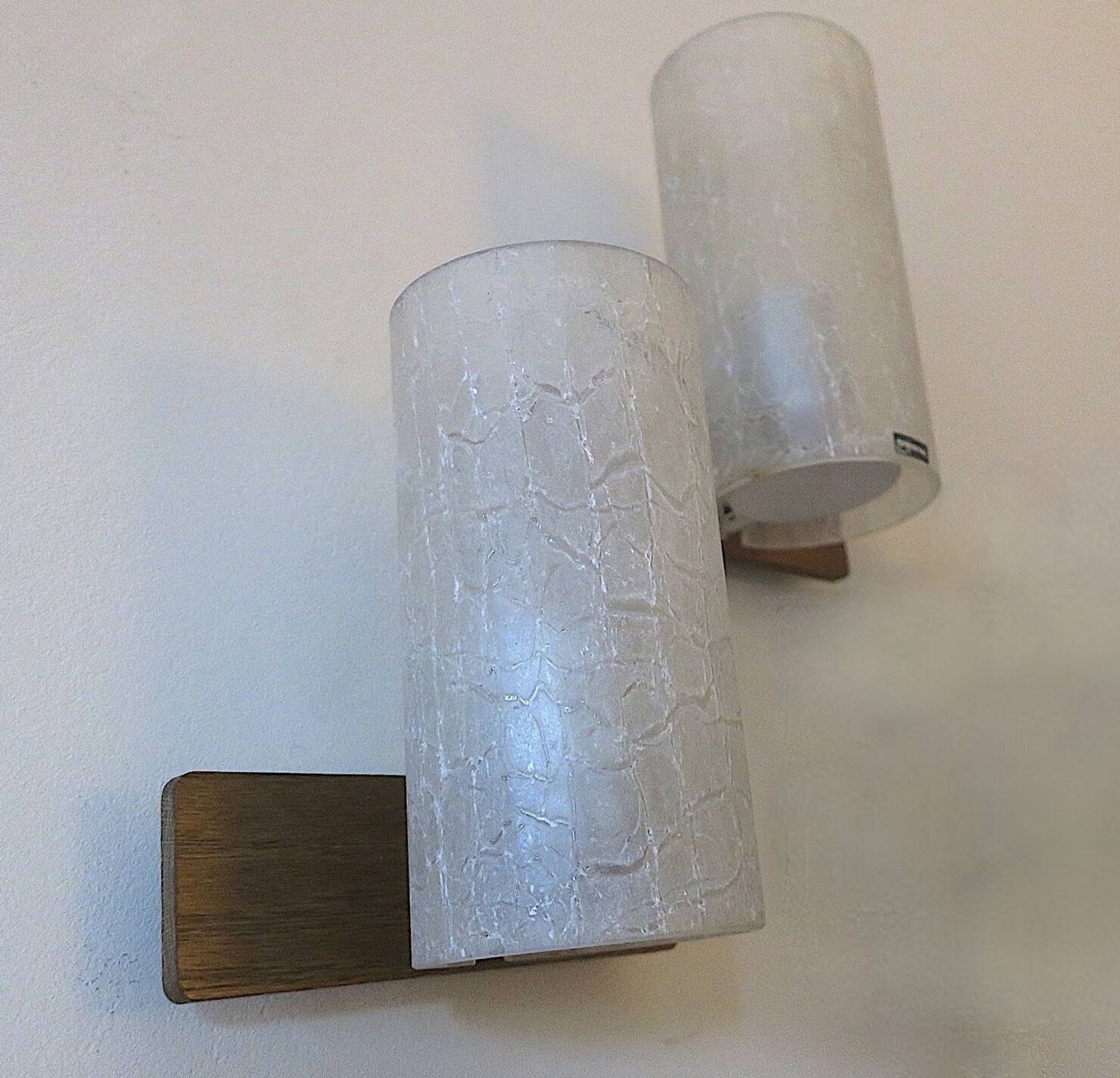 Pair of Doria crackled frosted glass and teak wall lights, 1960s