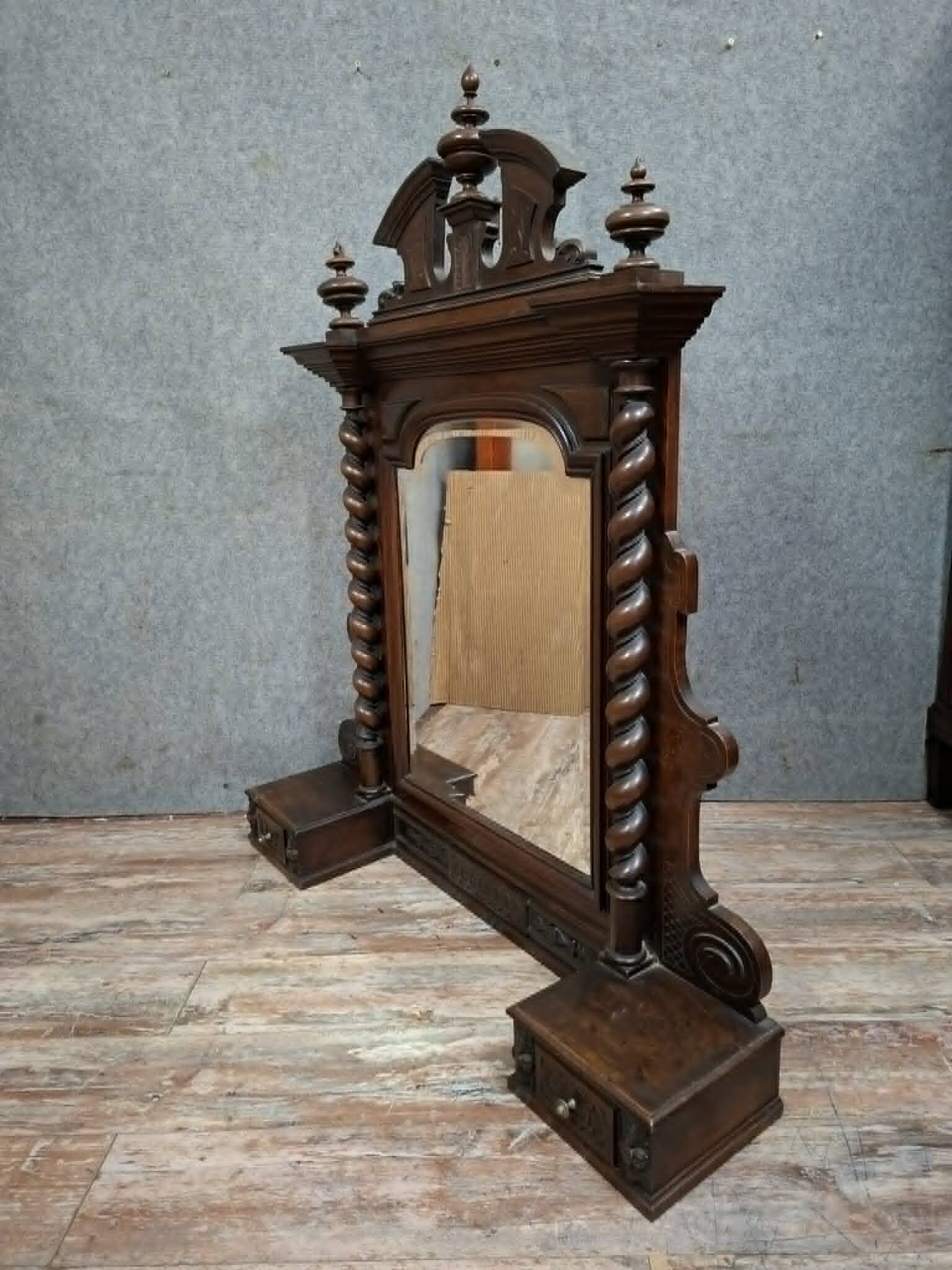 Large Buffet Mirror or Psyche in Henri II Style, Carved Walnut, Late 19th Century