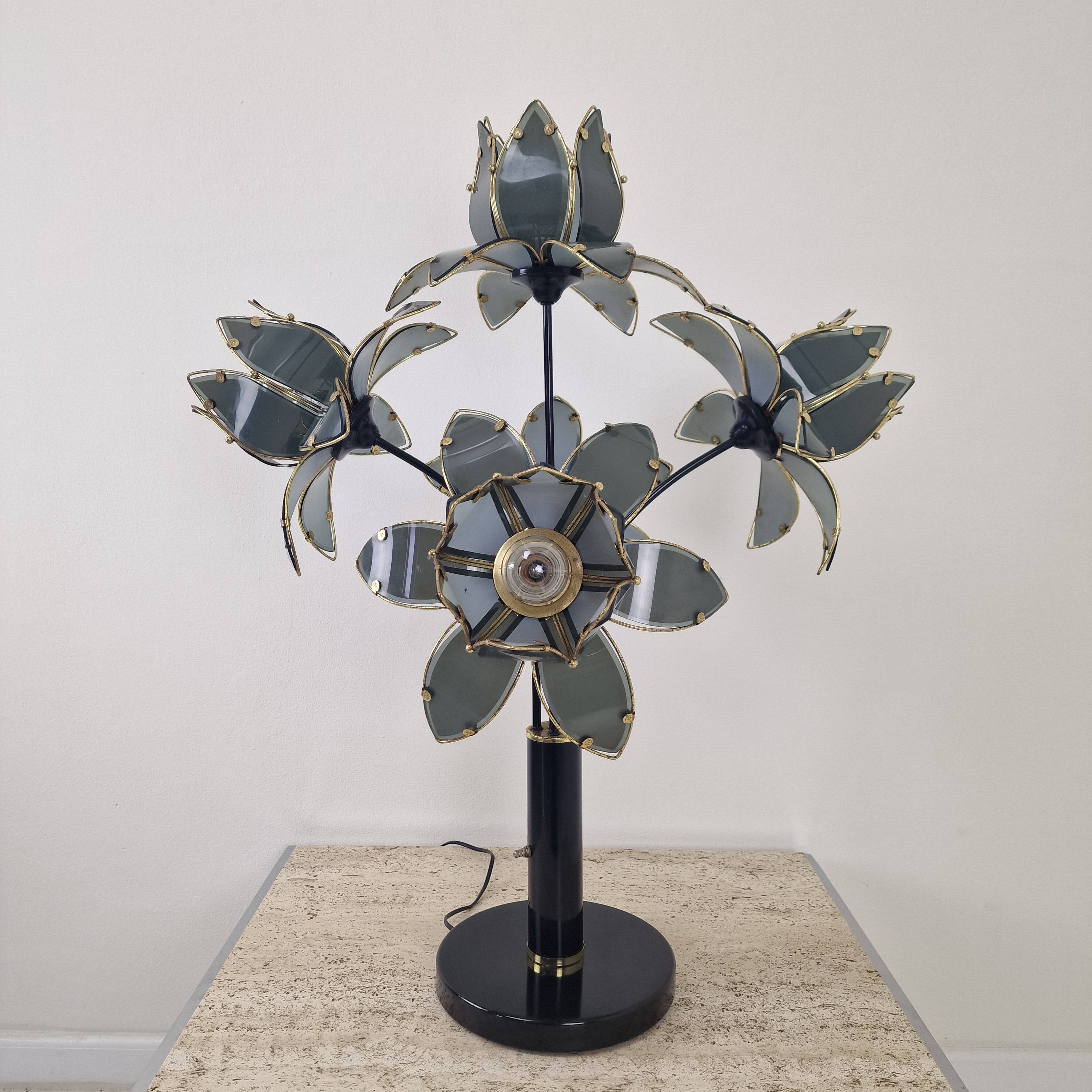 Hollywood Regency 5-Light Lotus Flower Table Lamp in Smoked Glass, 1980's