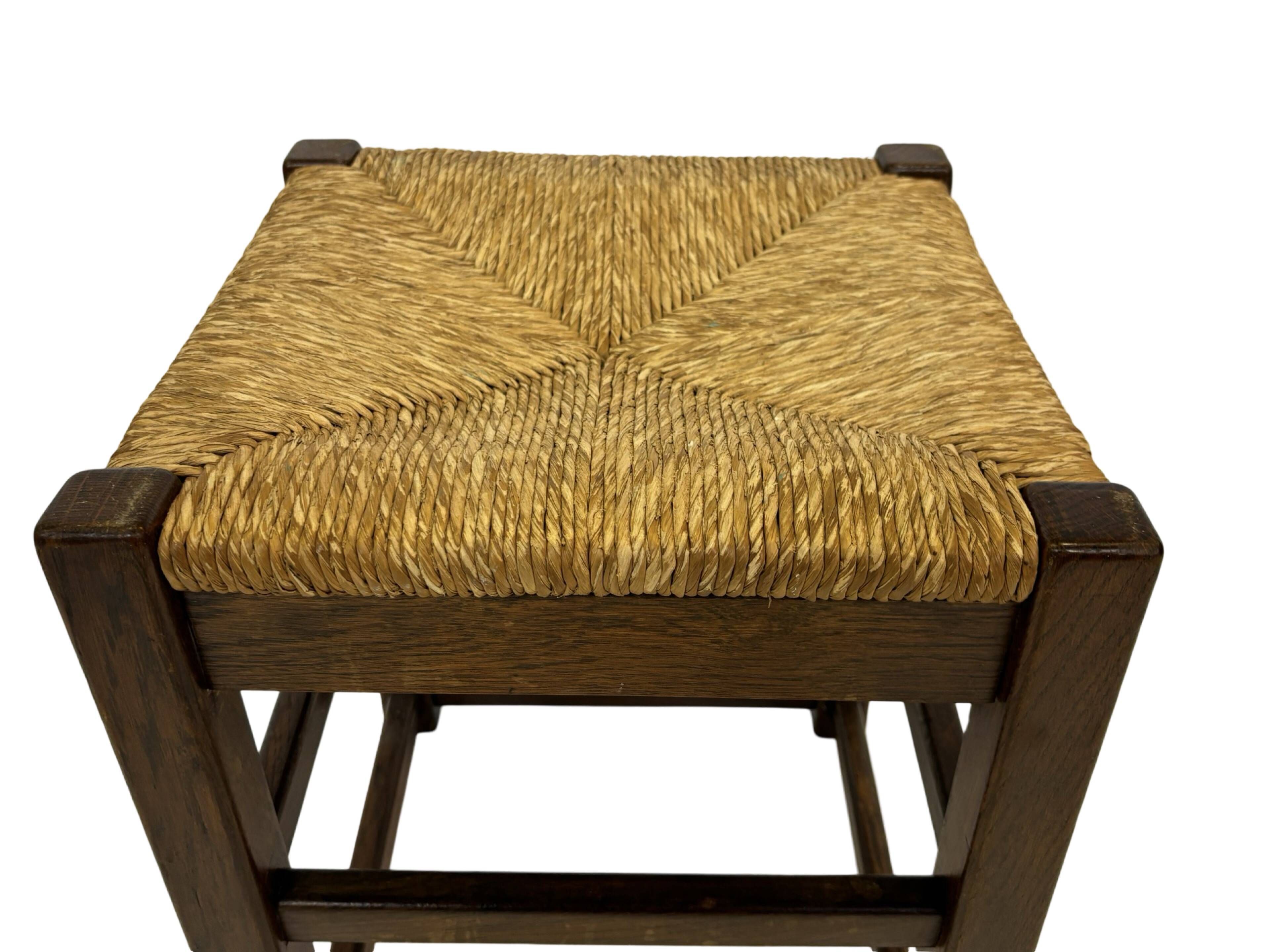 Vintage wooden stool straw seat 60s minimalist design