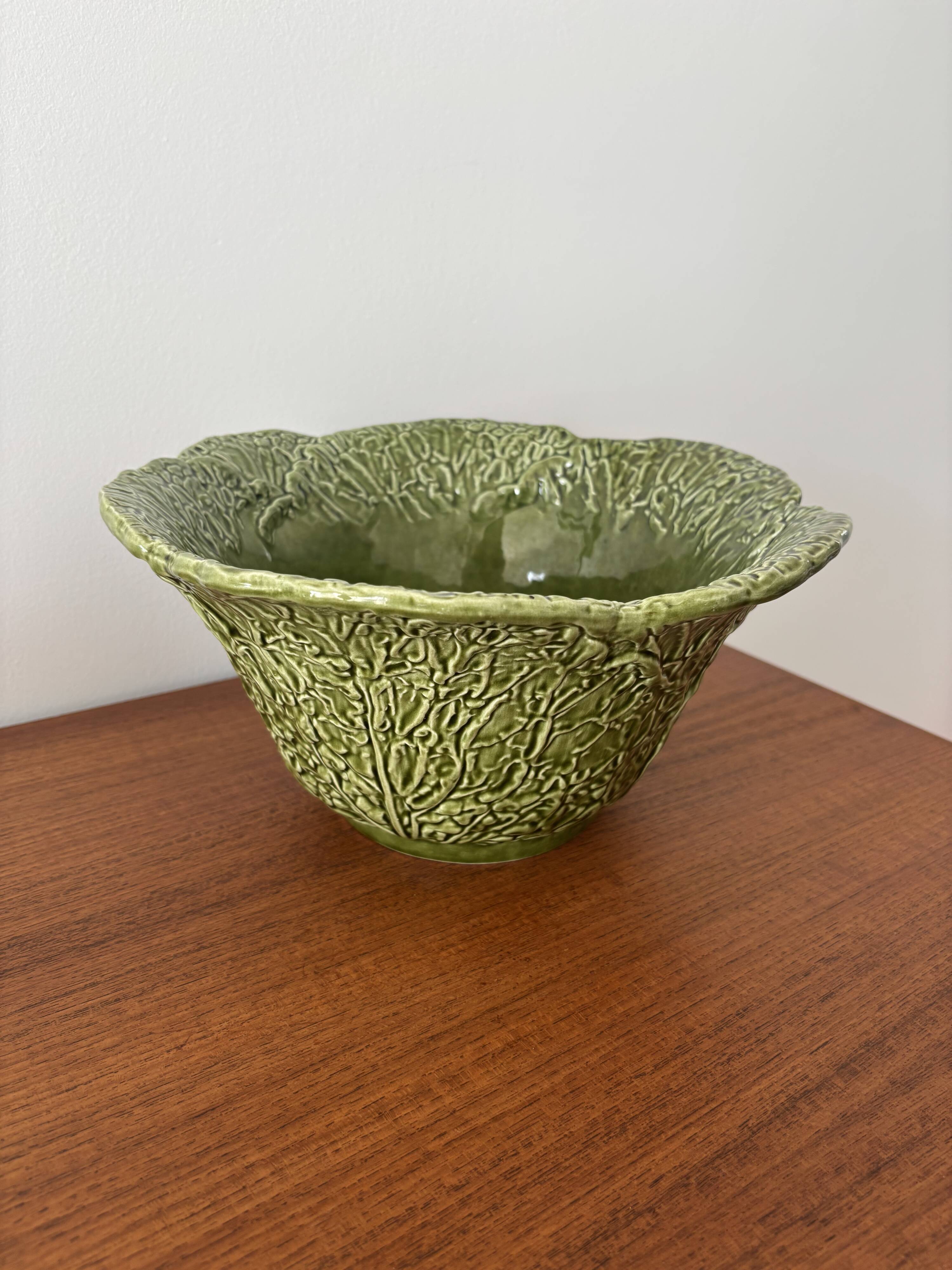 Saladier vintage barbotine forme chou vert – grand saladier original m