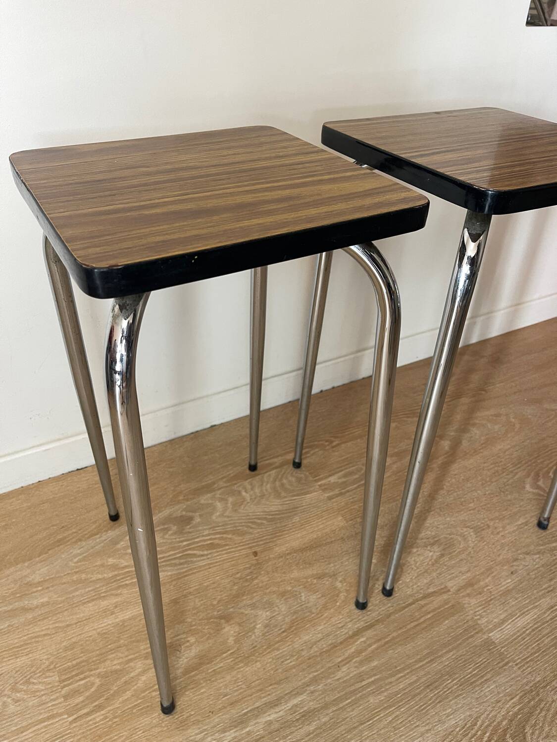 Pair of vintage high stools in formica and chrome metal