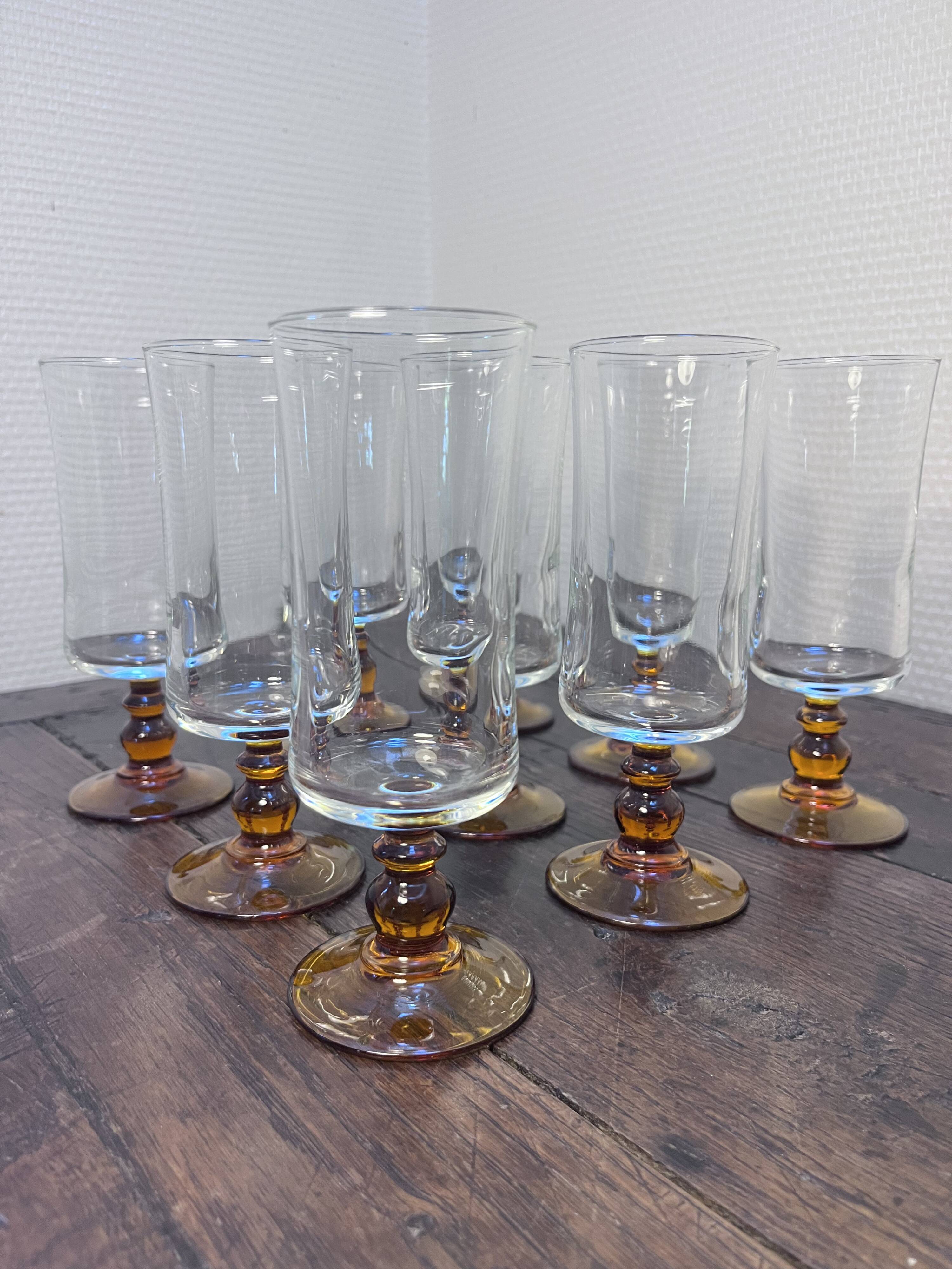 Set of 9 Vintage Amber Stemmed Glasses – 1970s