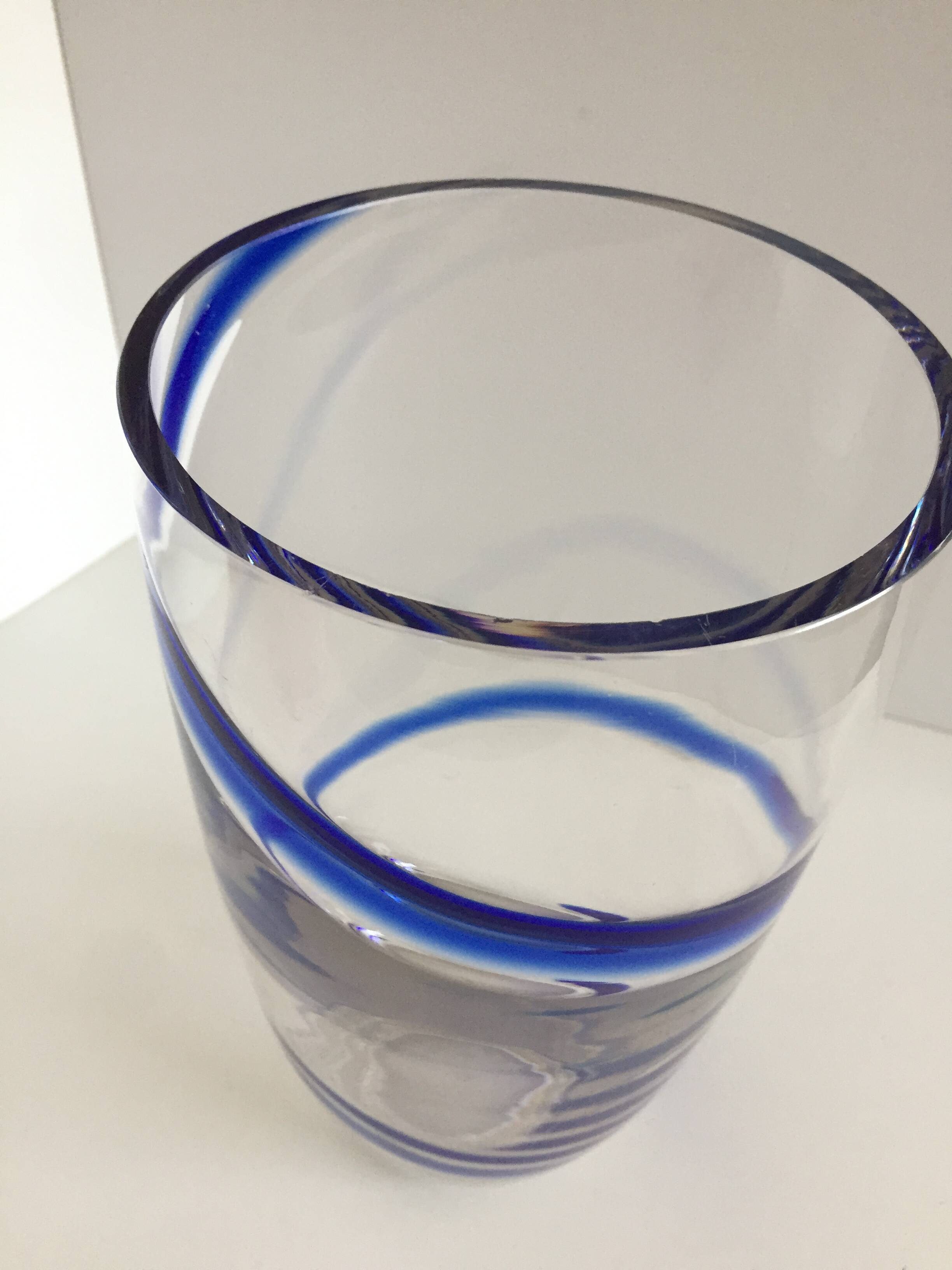 Large thick crystal glass vase modernist design cobalt edging