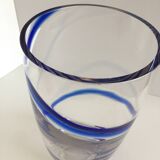 Large thick crystal glass vase modernist design cobalt edging