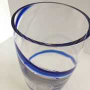 Large thick crystal glass vase modernist design cobalt edging
