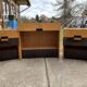 Mid-century brown and black lacquer dressing table set with 2 bedside tables.
